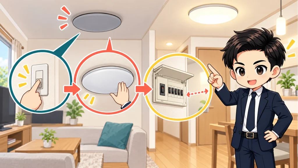 ざわ先生が賃貸の照明不点灯を電球・照明器具・ブレーカーに分けて説明するイラスト