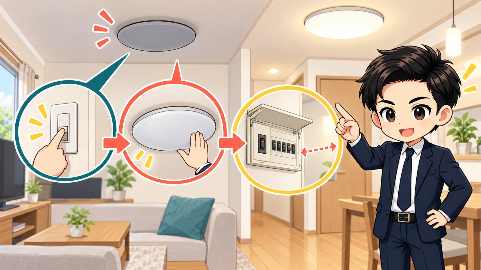 ざわ先生が賃貸の照明不点灯を電球・照明器具・ブレーカーに分けて説明するイラスト