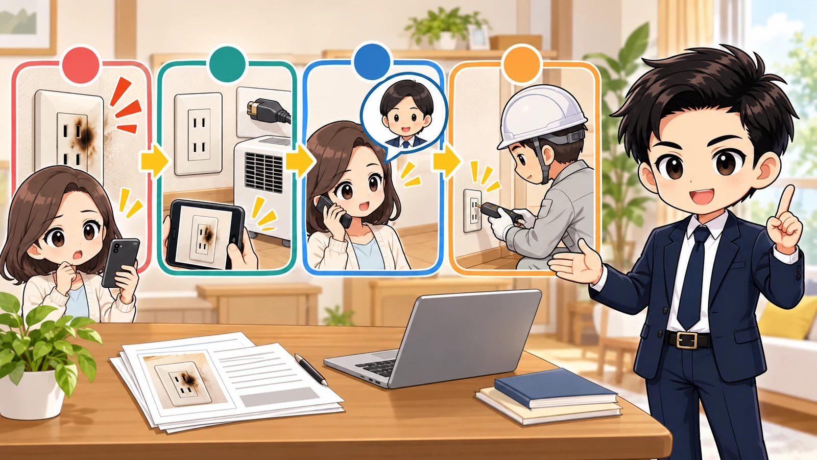ざわ先生が「賃貸のコンセントが焦げ臭い・熱いとき|使用停止と連絡手順」の確認ポイントをまとめるイラスト