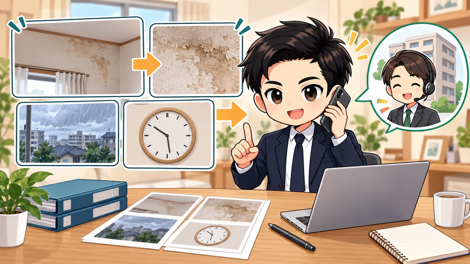 ざわ先生が雨漏りの場所、時刻、天候、写真を記録して管理会社へ伝える場面