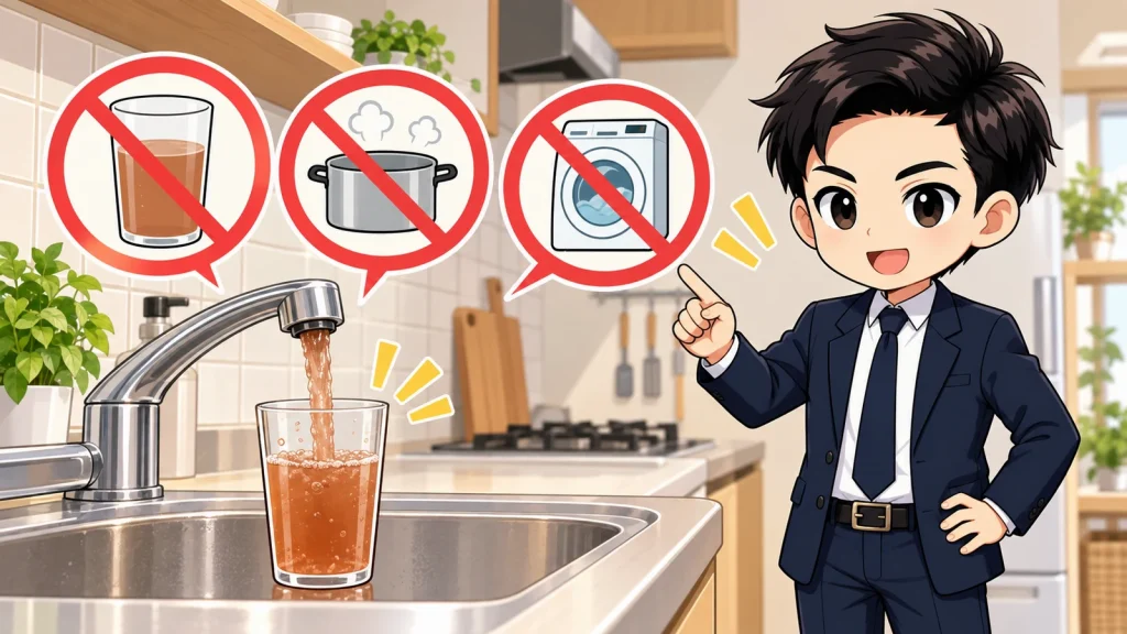ざわ先生が賃貸の蛇口から赤い・茶色い水が出たときの使用停止・確認・連絡順を説明するイラスト