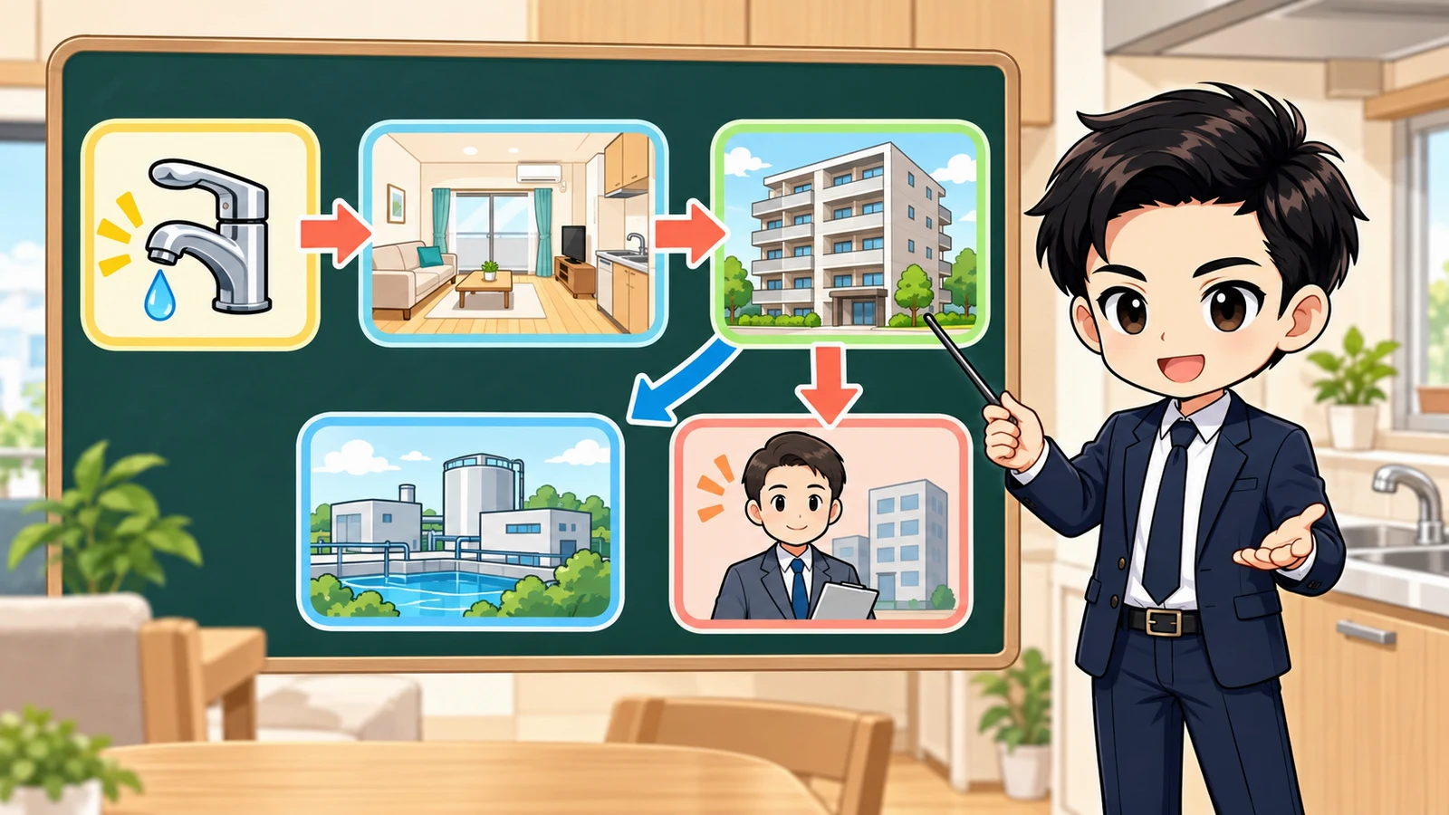 ざわ先生が一つの蛇口・住戸全体・建物全体の発生範囲から水道局と管理会社を切り分ける図解