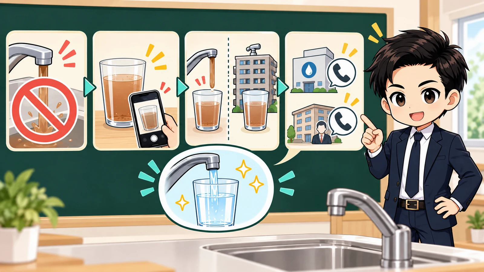 ざわ先生が「賃貸で赤い・茶色い水が出たら|使用停止と連絡先の切り分け」の確認ポイントをまとめるイラスト