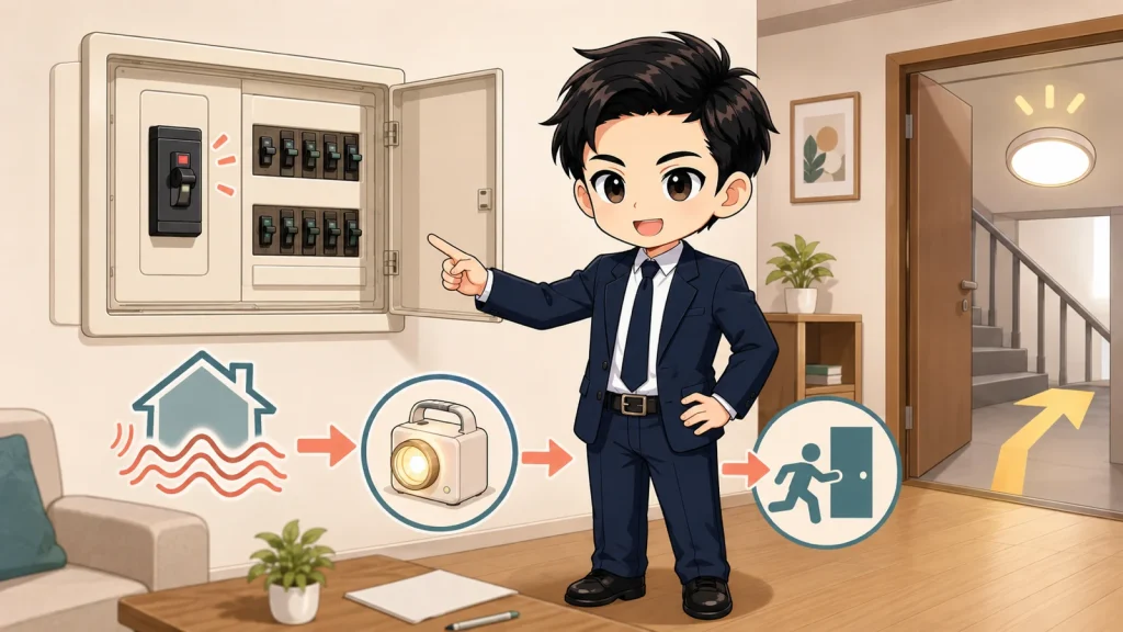 ざわ先生が賃貸住宅で使う感震ブレーカーの種類を説明するイラスト