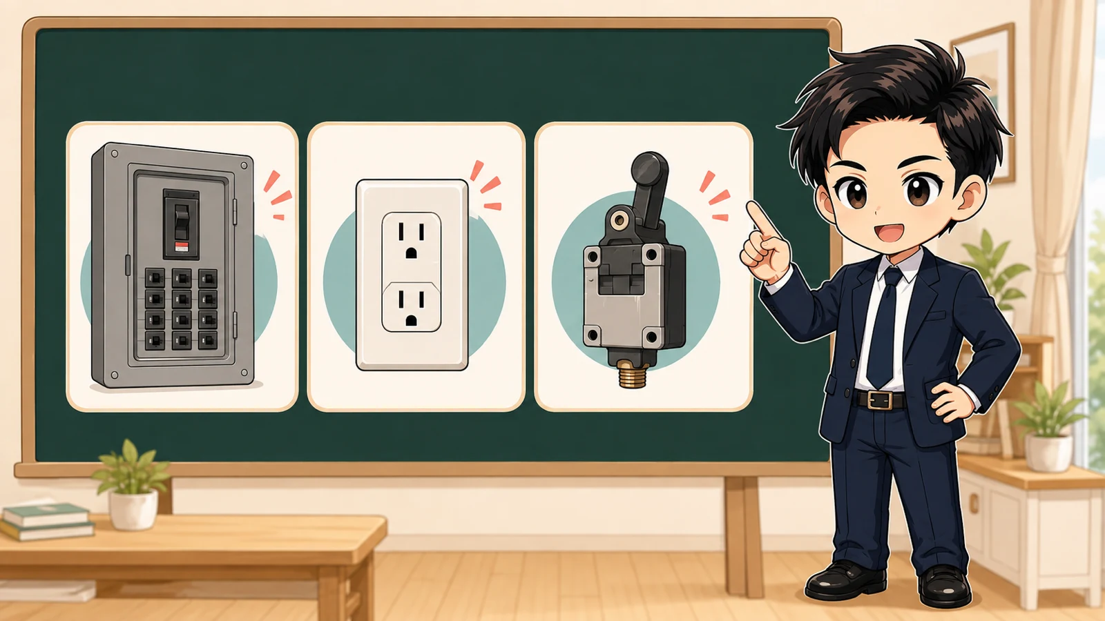 ざわ先生が分電盤・コンセント・簡易タイプの感震ブレーカーを比較するイラスト