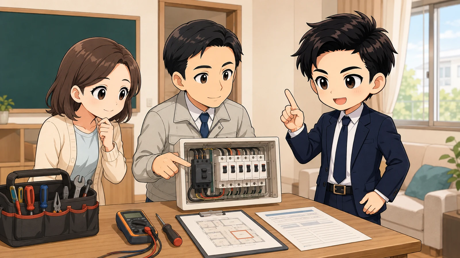ざわ先生が管理会社と電気工事・原状回復の確認をするイラスト