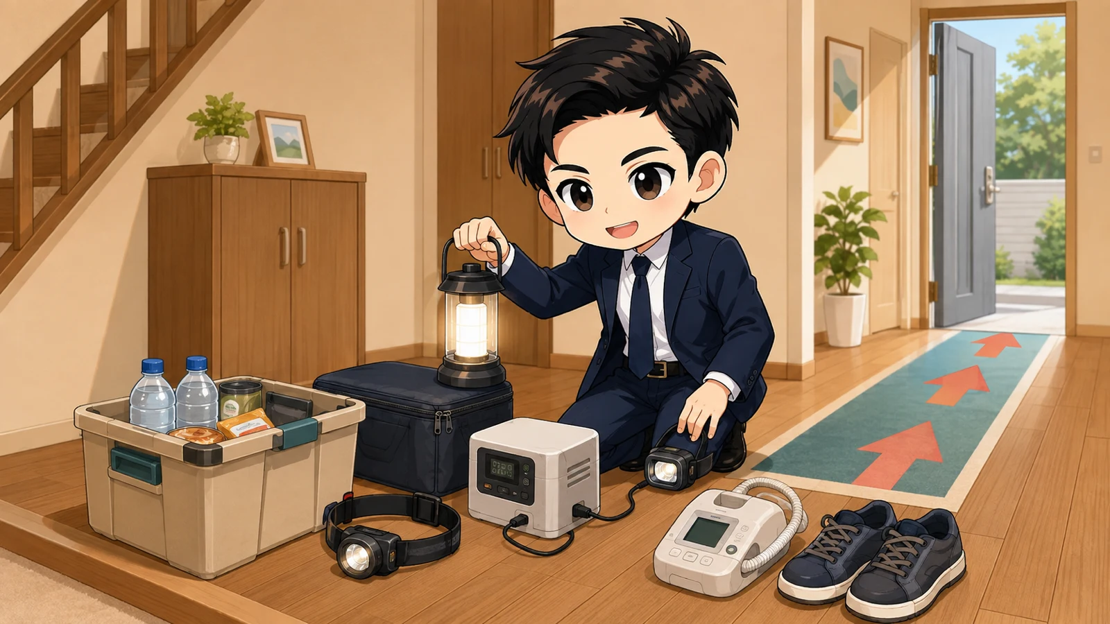 ざわ先生が停電時の照明・医療機器・避難経路を確認するイラスト
