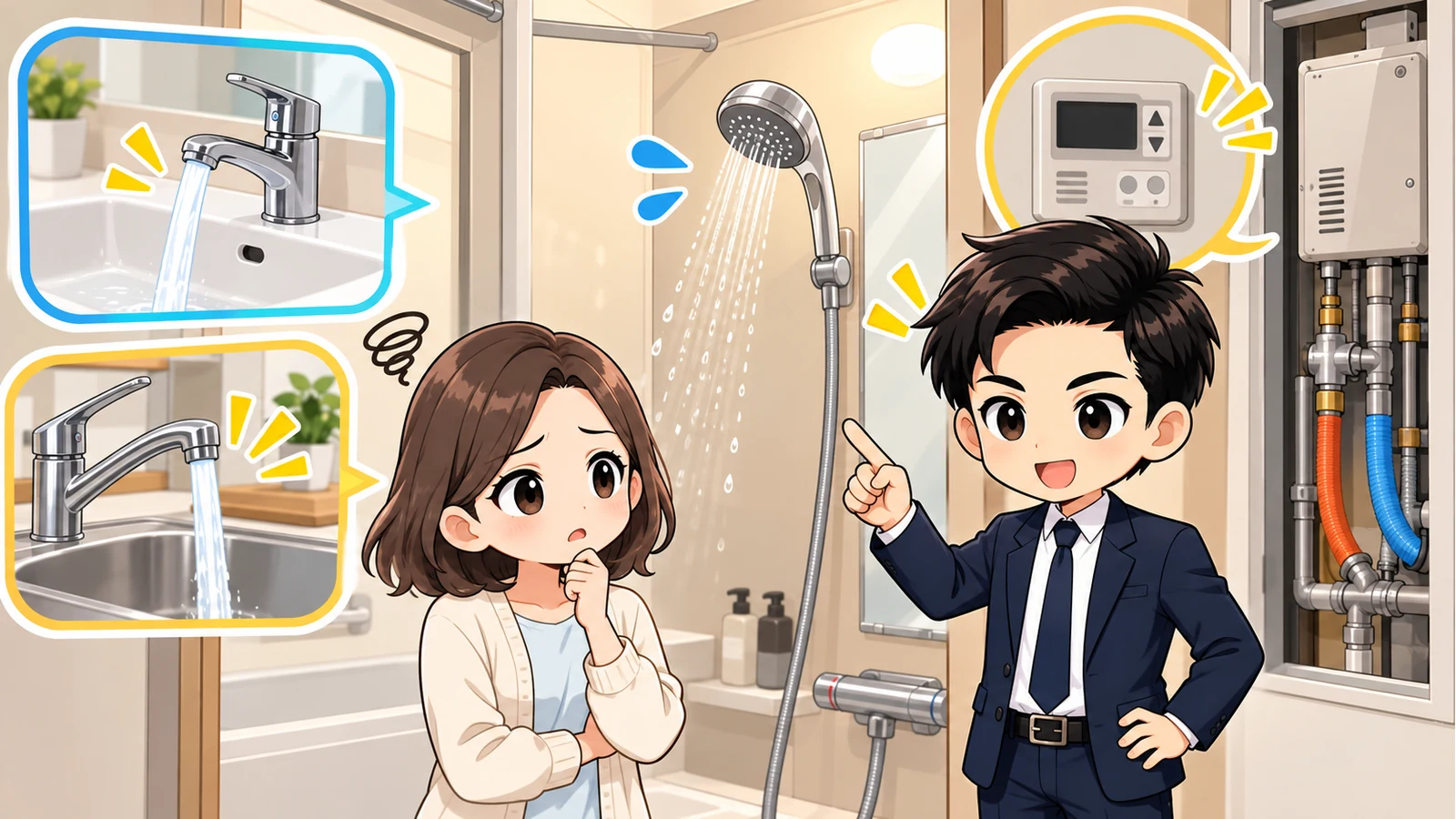 ざわ先生が賃貸の弱いシャワー水圧を水・お湯・住戸全体に分けて説明するイラスト