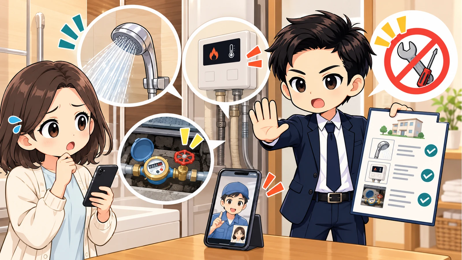 ざわ先生が賃貸のシャワーヘッド・給湯器表示・止水栓・動画記録を管理会社へ伝える図解
