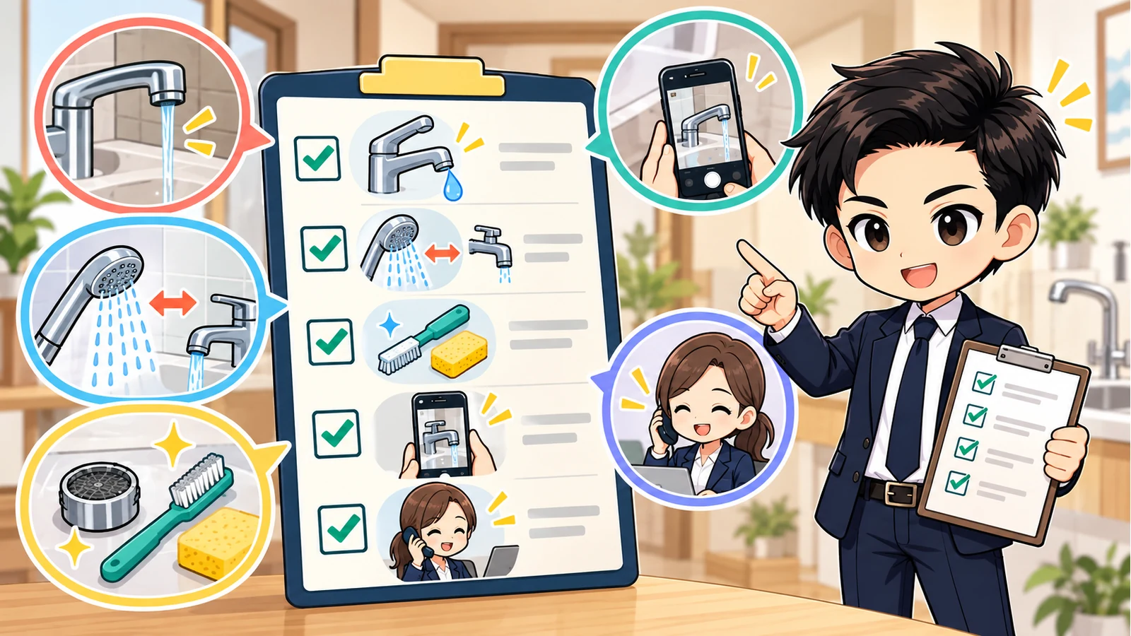 ざわ先生が「賃貸のシャワー水圧が弱いとき｜原因の切り分けと管理会社への連絡」の確認ポイントをまとめるイラスト