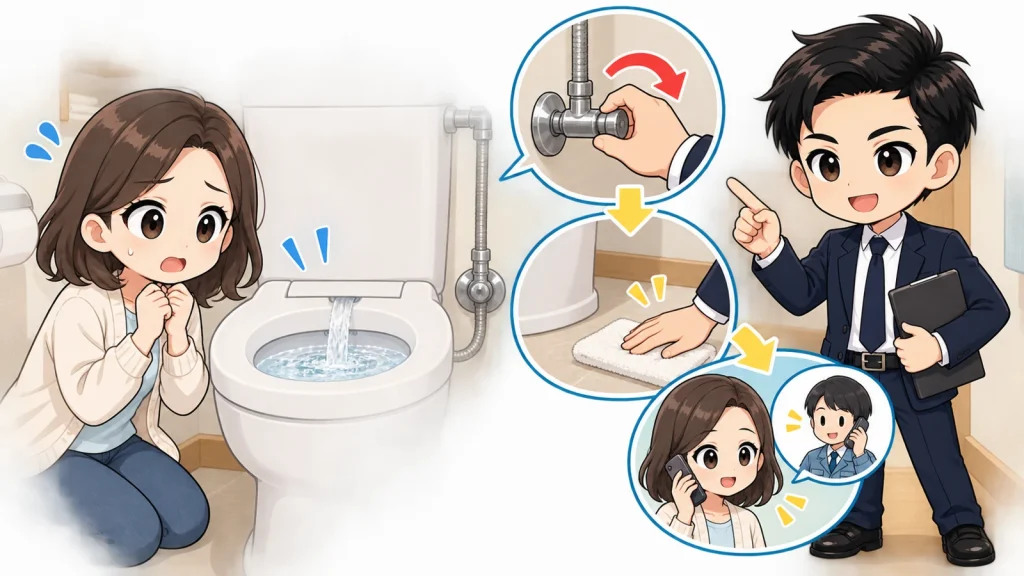 ざわ先生が賃貸トイレの水が止まらないときの止水・記録・連絡順を説明するイラスト