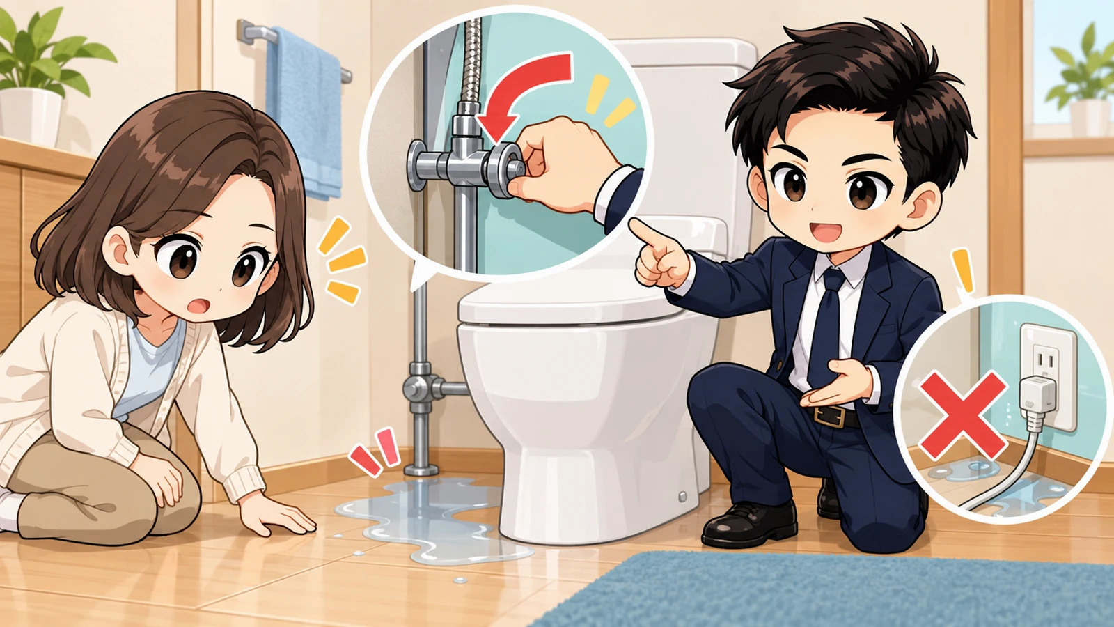 ざわ先生がトイレの床漏れを確認し止水栓を時計回りに閉める応急対応を示す図解