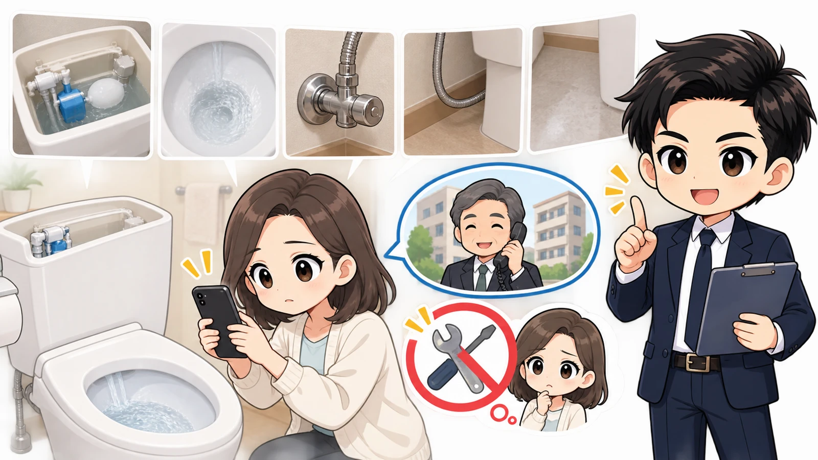 ざわ先生がトイレタンク・便器・止水栓の症状を撮影して管理会社へ伝える図解