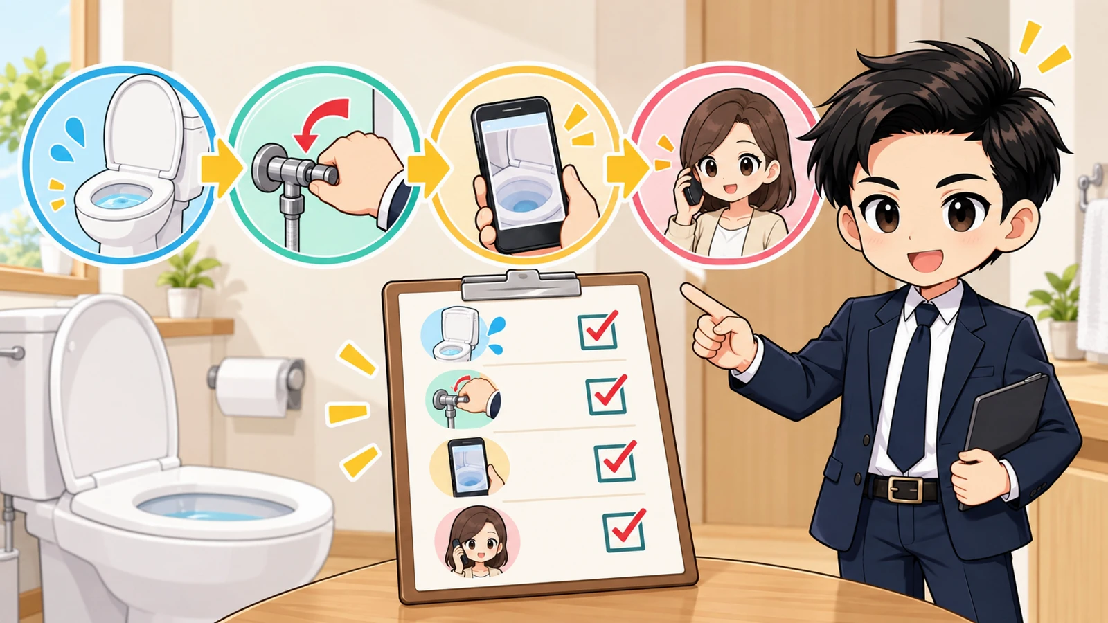 ざわ先生が「賃貸トイレの水が止まらないとき|止水栓と管理会社への連絡順」の確認ポイントをまとめるイラスト