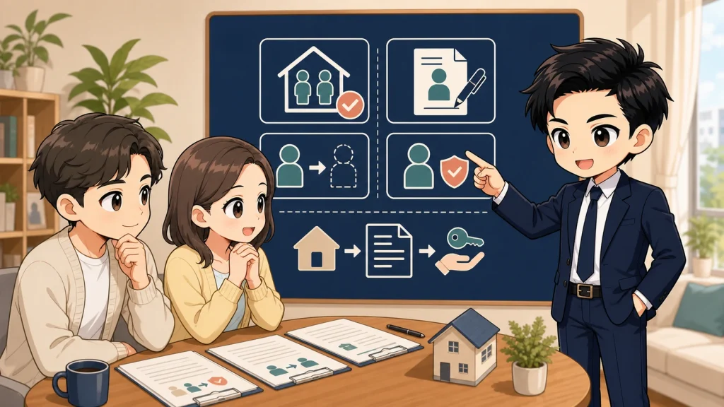 ざわ先生が賃貸で二人入居する契約注意点を説明するイラスト