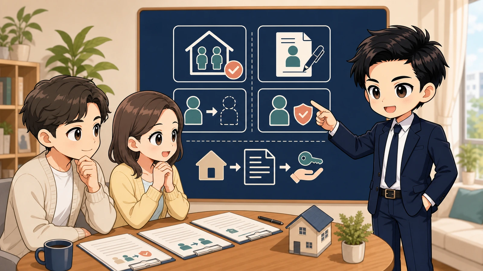 ざわ先生が賃貸で二人入居する契約注意点を説明するイラスト