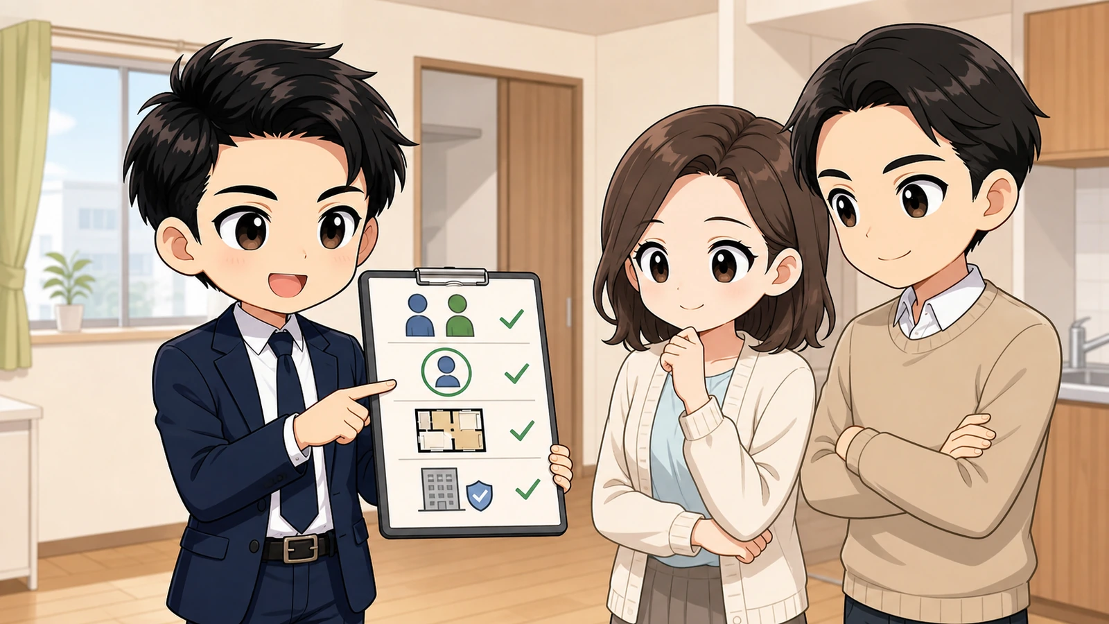 ざわ先生が賃貸物件の二人入居可否をカップルと確認するイラスト