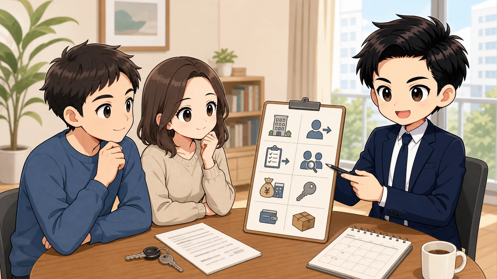 ざわ先生が二人入居から一人退去になる場合の手続きを説明するイラスト