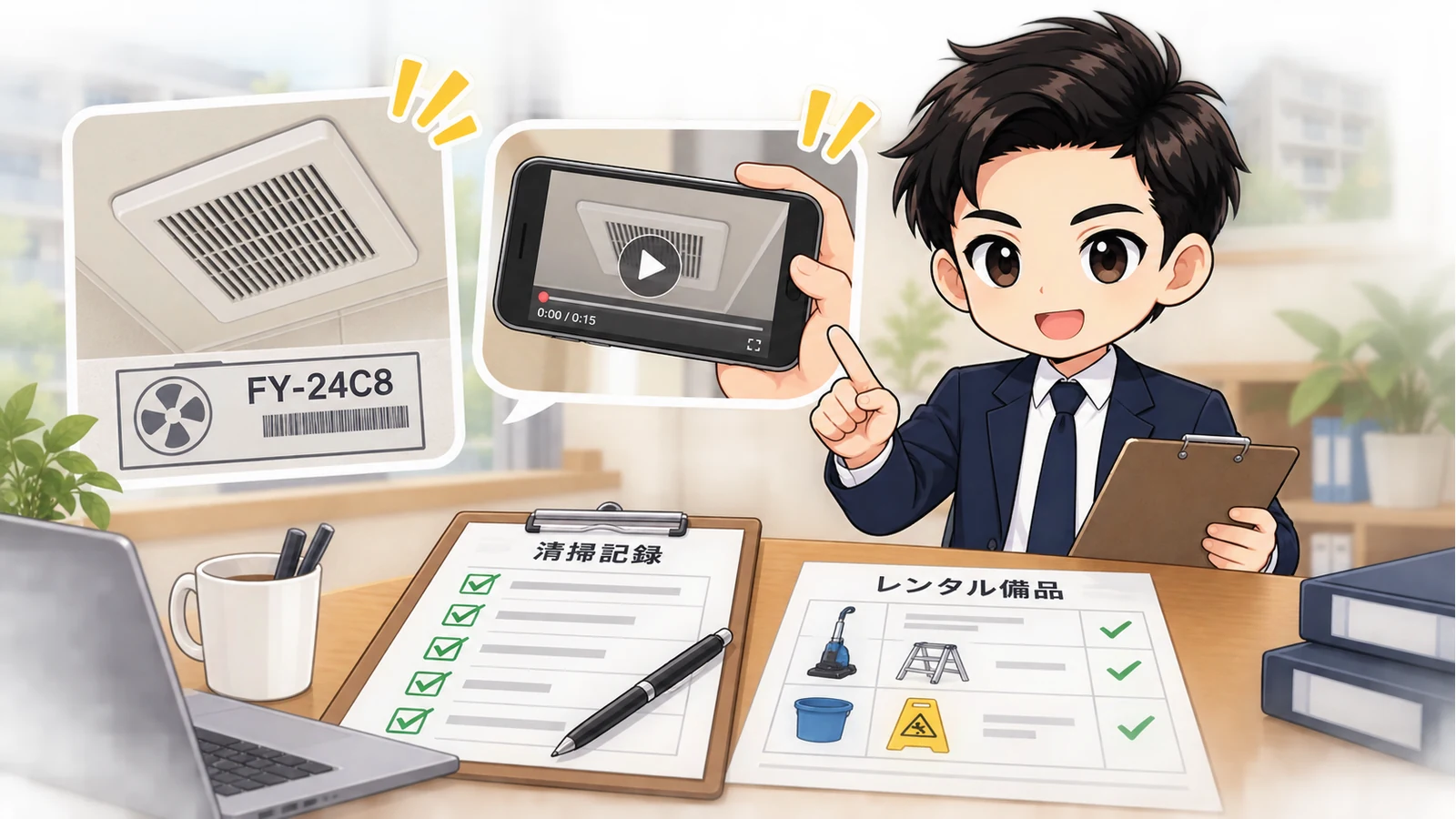 ざわ先生が換気扇の型番・動画・清掃記録・契約設備表を管理会社へ伝える図解