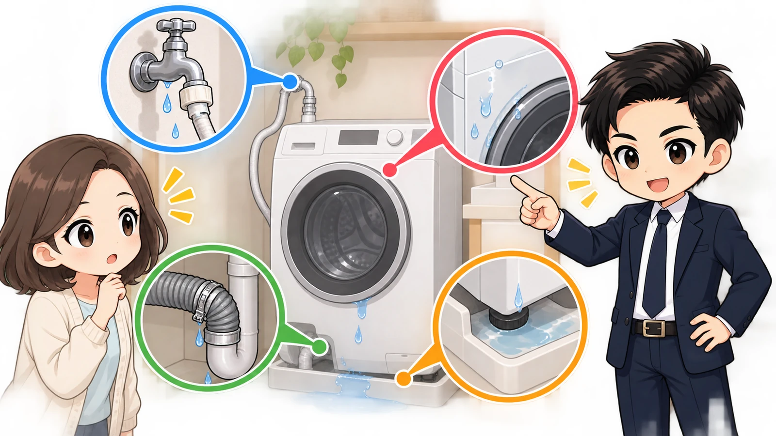 ざわ先生が給水ホース、本体、排水ホース、防水パンの漏水箇所を分けて確認する図解