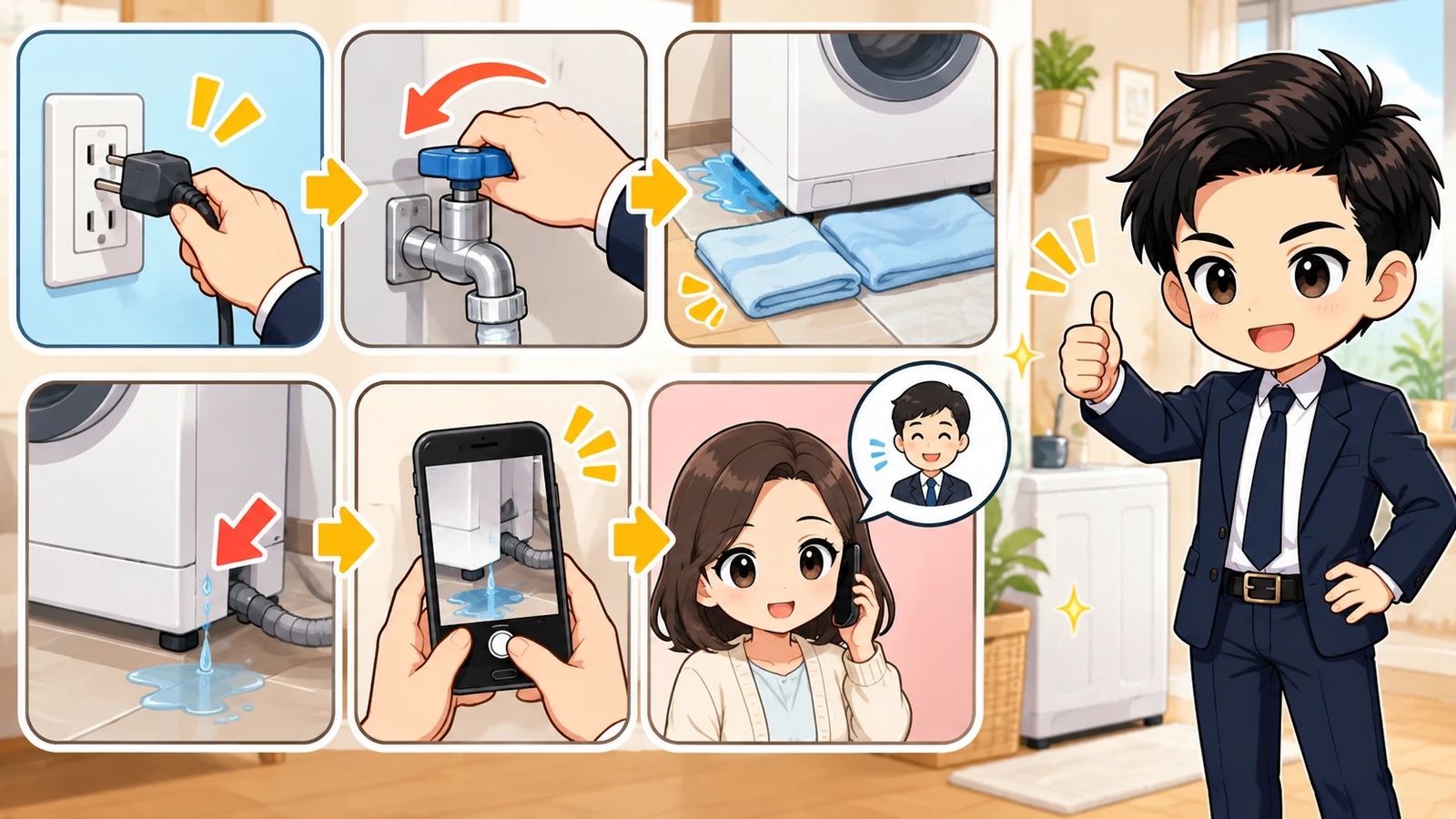 ざわ先生が「賃貸で洗濯機まわりが水漏れしたら|止水・原因確認・連絡順」の確認ポイントをまとめるイラスト