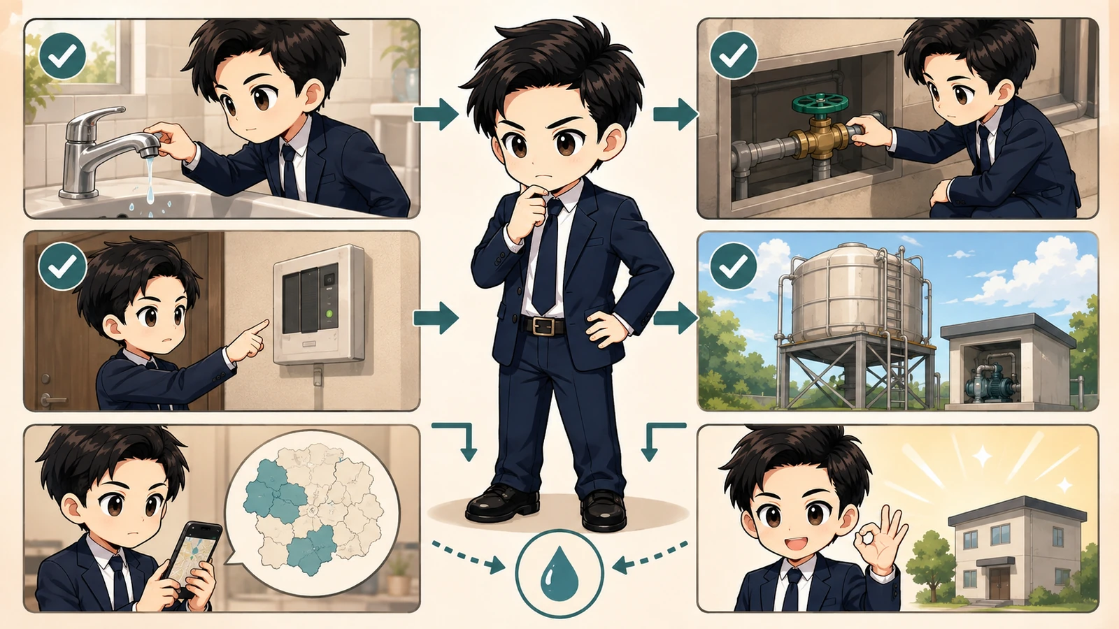 ざわ先生が蛇口と元栓と建物掲示を確認して断水範囲を調べるイラスト