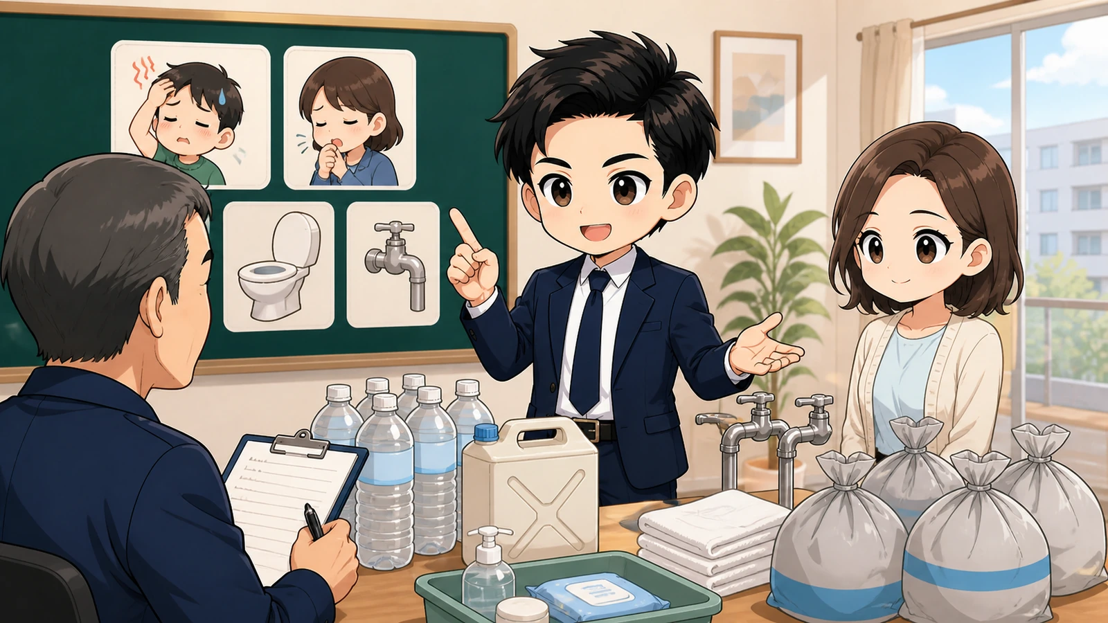ざわ先生が管理会社へ連絡し飲料水と携帯トイレを準備するイラスト