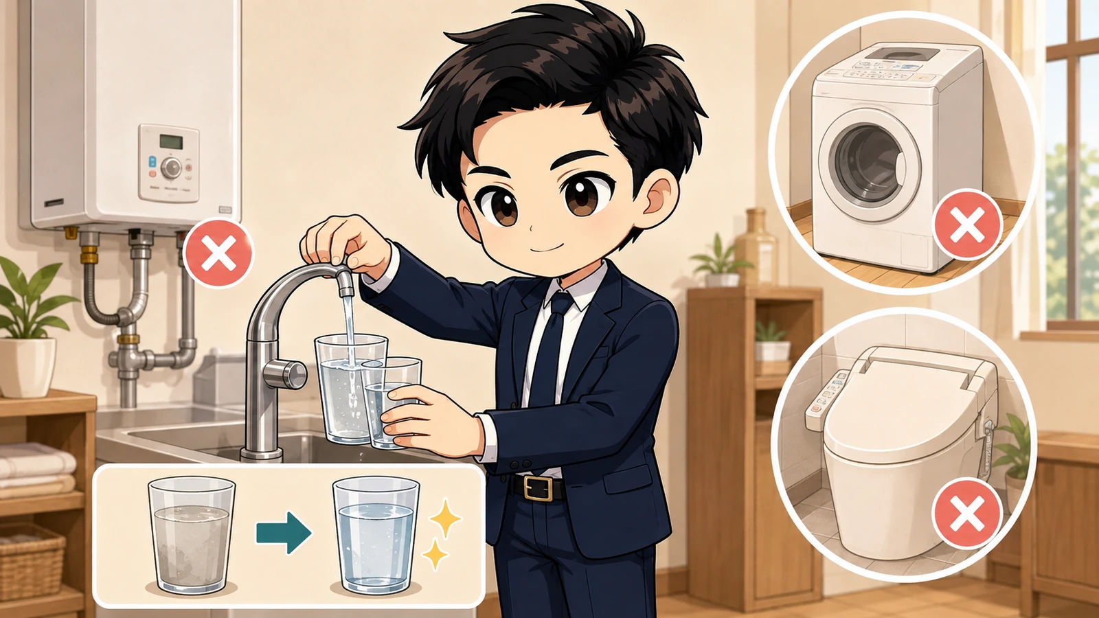 ざわ先生が断水復旧後の濁り水と給湯設備を確認するイラスト