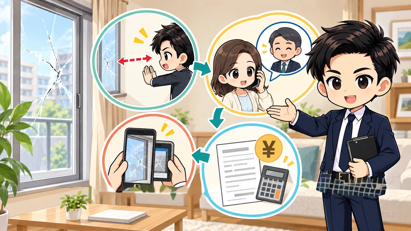 ざわ先生が賃貸の窓ガラスのひび割れ対応を安全確保から説明するイラスト
