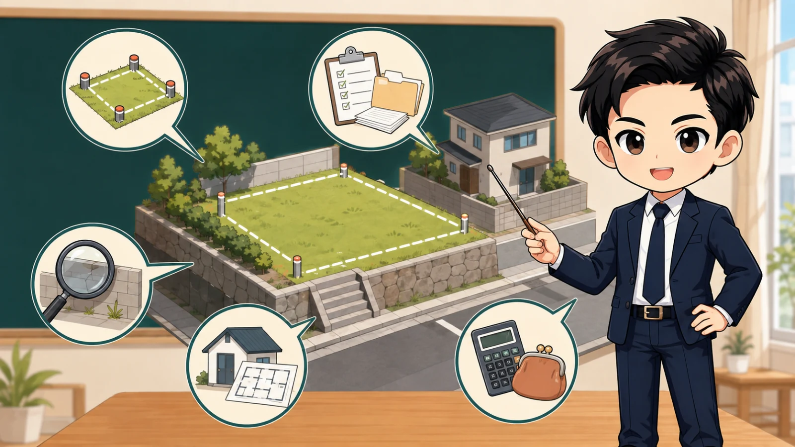 ざわ先生が擁壁のある土地の購入前チェック順を解説するイラスト