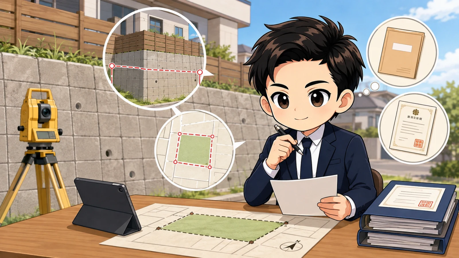 ざわ先生が擁壁の所有境界と許可書や検査済証を地図で照合する場面