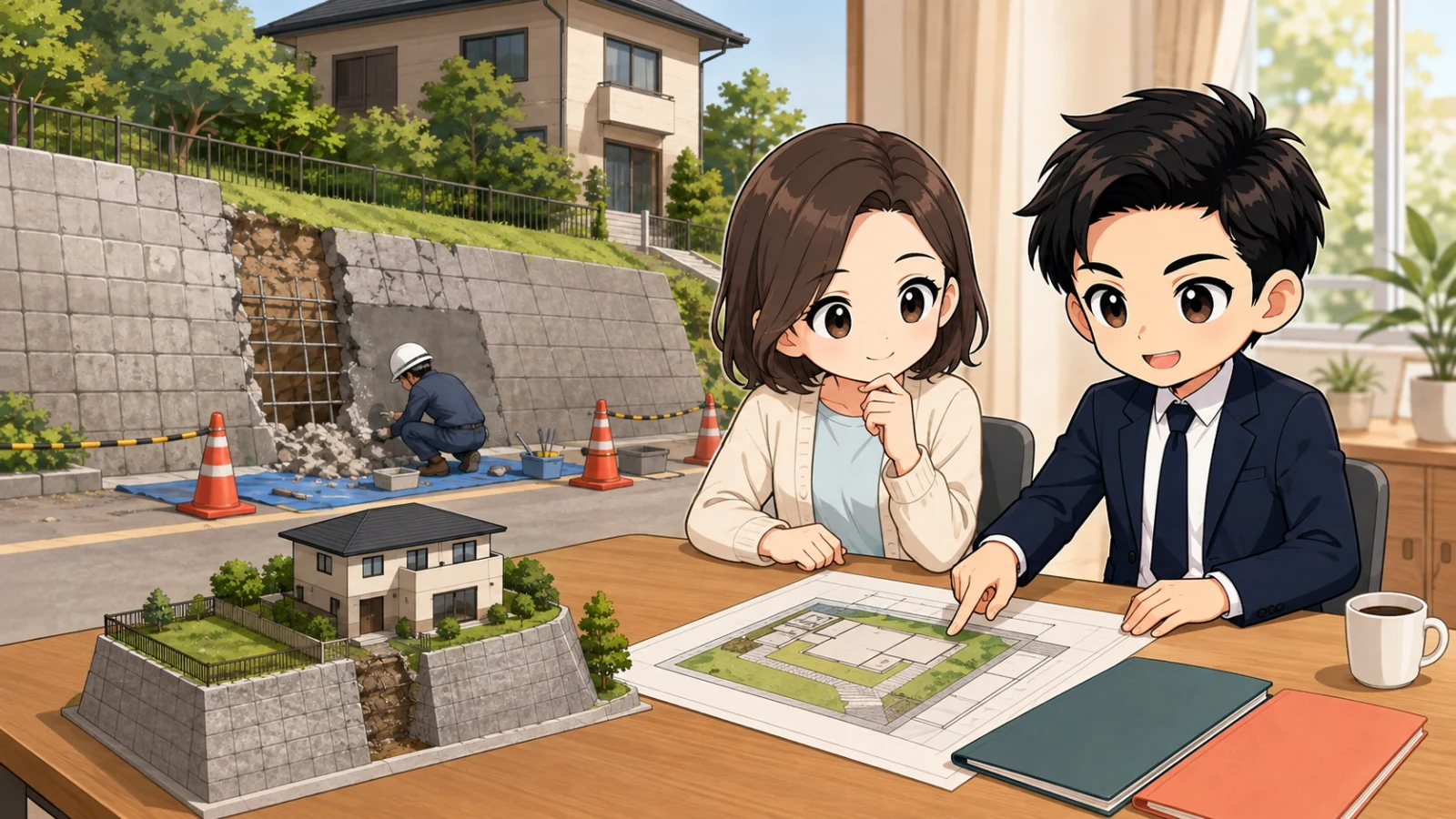 ざわ先生が擁壁の建築制限、補修、再構築費を契約前に確認する場面