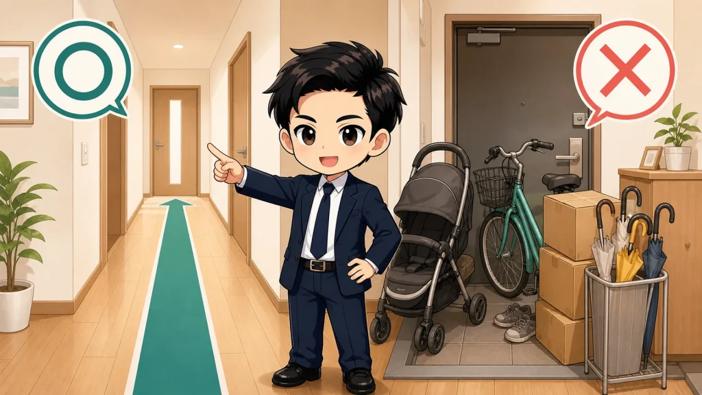 ざわ先生が共用廊下の私物と避難経路を説明するイラスト