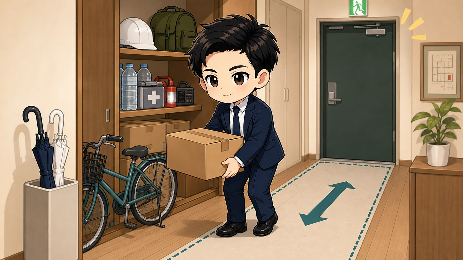 ざわ先生が共用廊下から自転車や段ボールを安全に片付けるイラスト