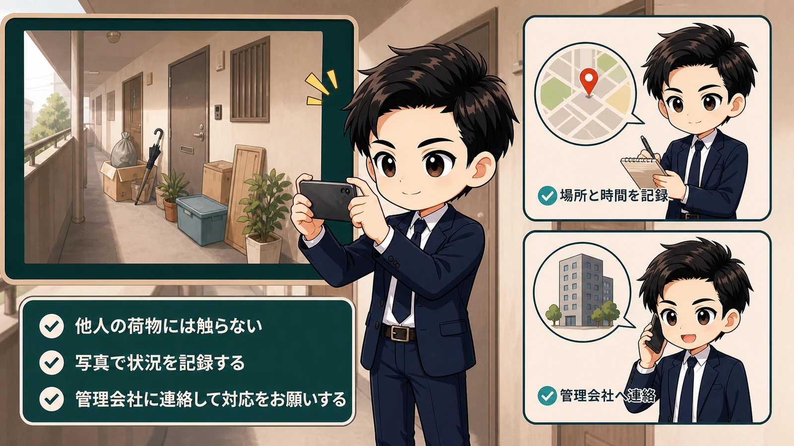ざわ先生が共用部の放置物を管理会社へ記録して伝えるイラスト