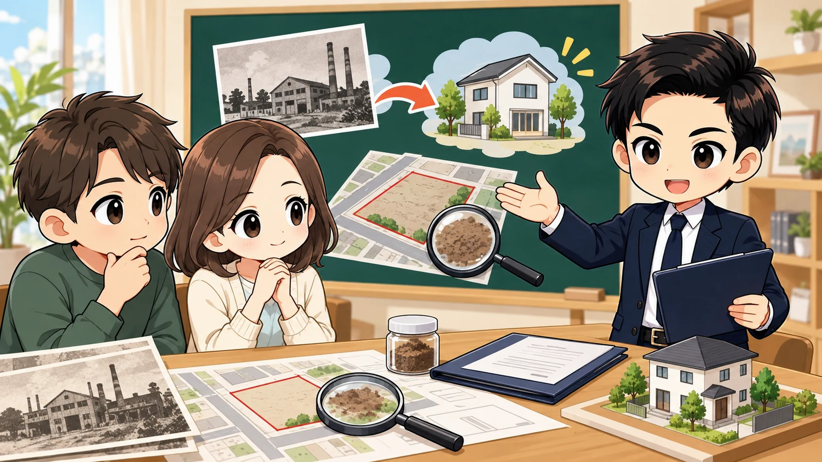 ざわ先生が土地購入前に地歴・土壌調査・住宅計画・契約条件を確認する順番を説明するイラスト