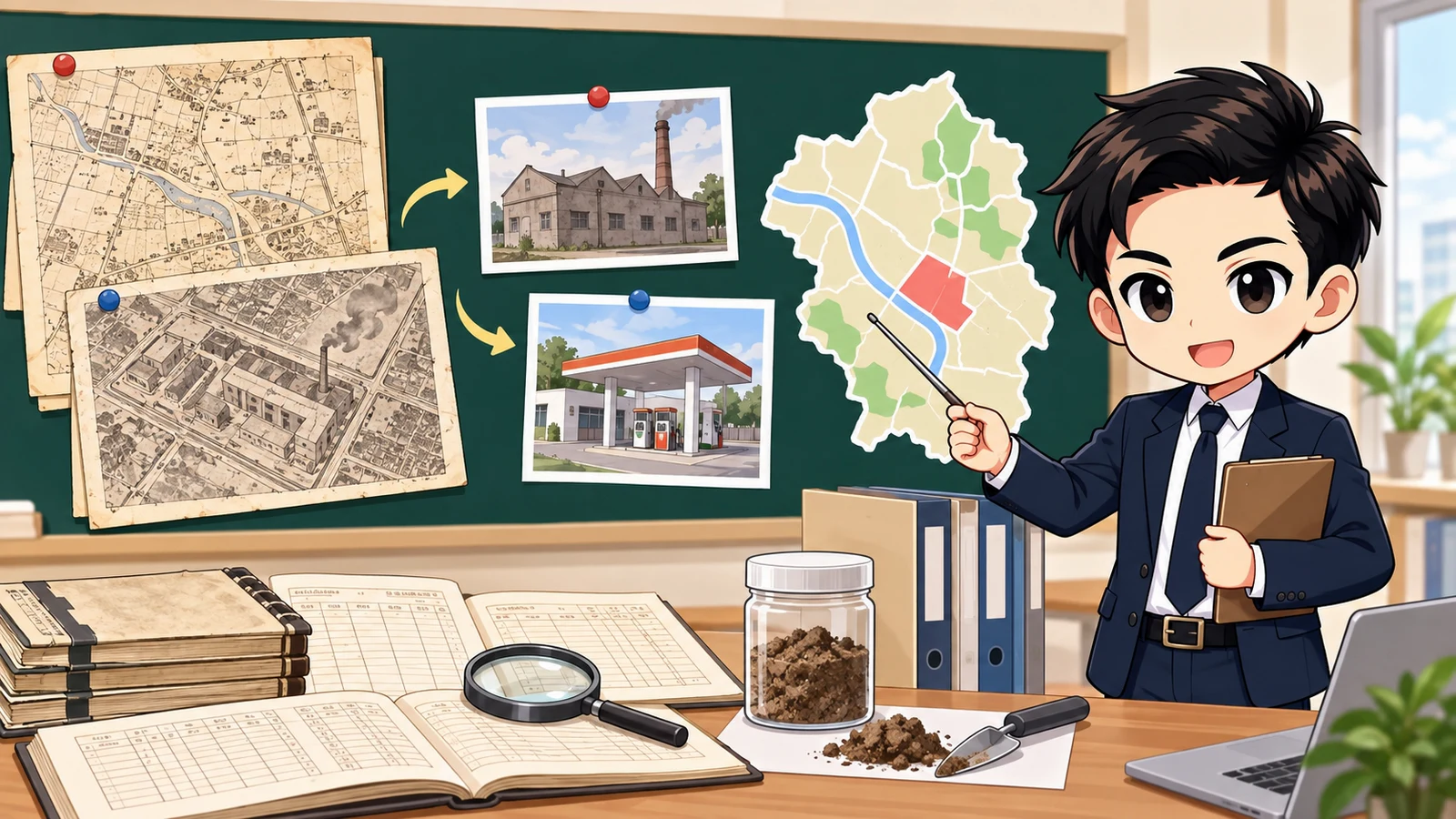 ざわ先生が古地図・登記・工場跡・区域指定から土壌汚染リスクを確認する図解