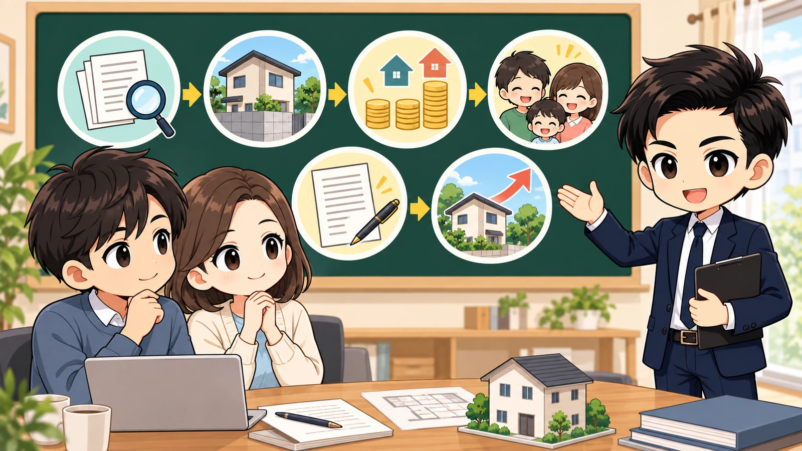 ざわ先生が「事故物件を購入する前の確認点|告知内容・価格・将来売却を整理」の確認ポイントをまとめるイラスト