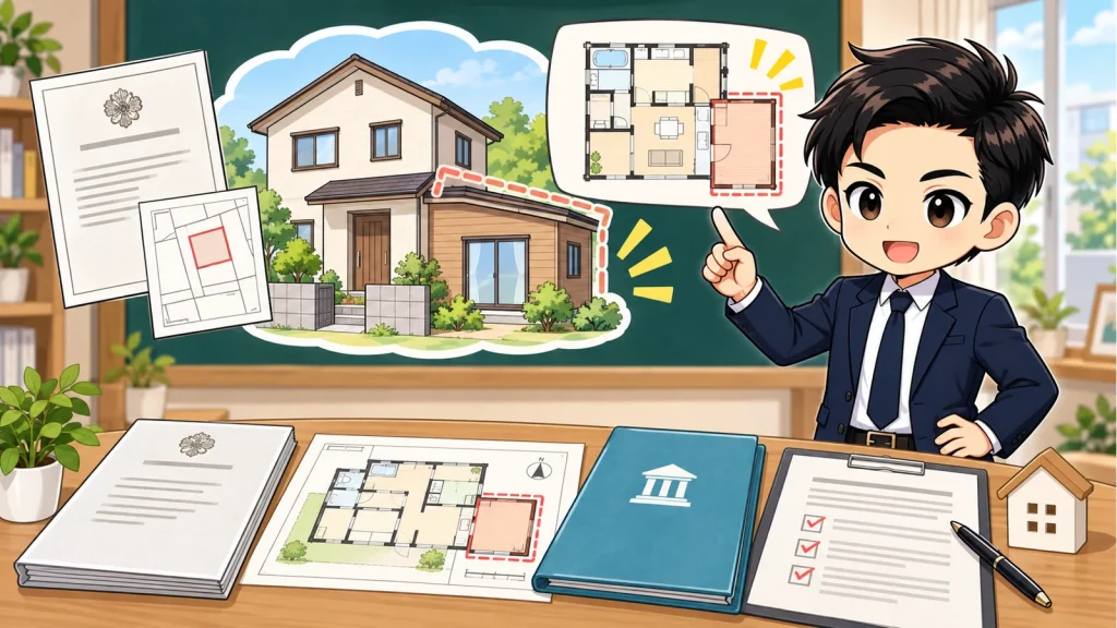 ざわ先生が未登記建物の購入で現況・登記・融資・契約条件を確認する順番を説明するイラスト