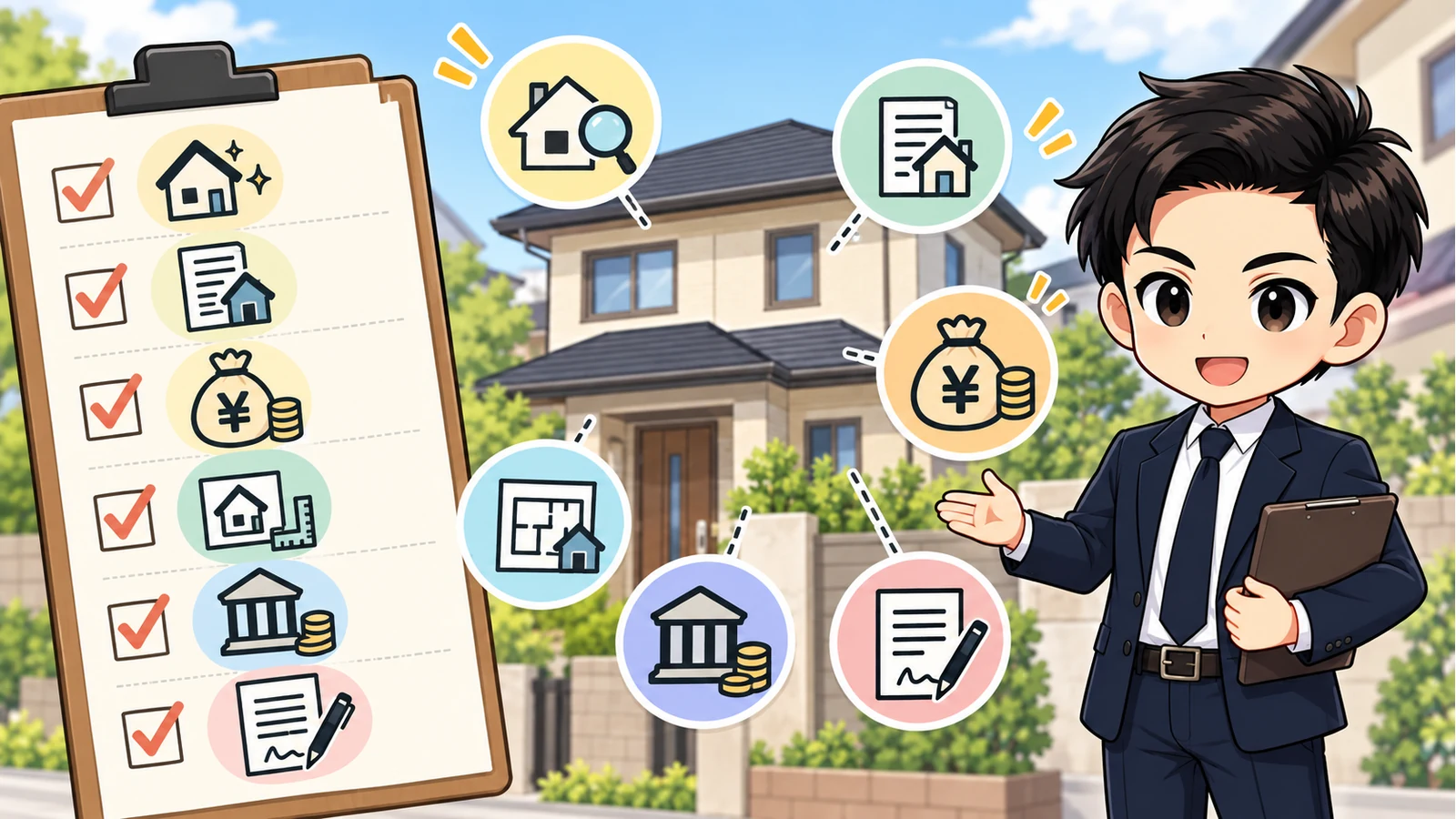 ざわ先生が「未登記建物を購入する前の注意点｜現況・登記・融資・契約を確認」の確認ポイントをまとめるイラスト