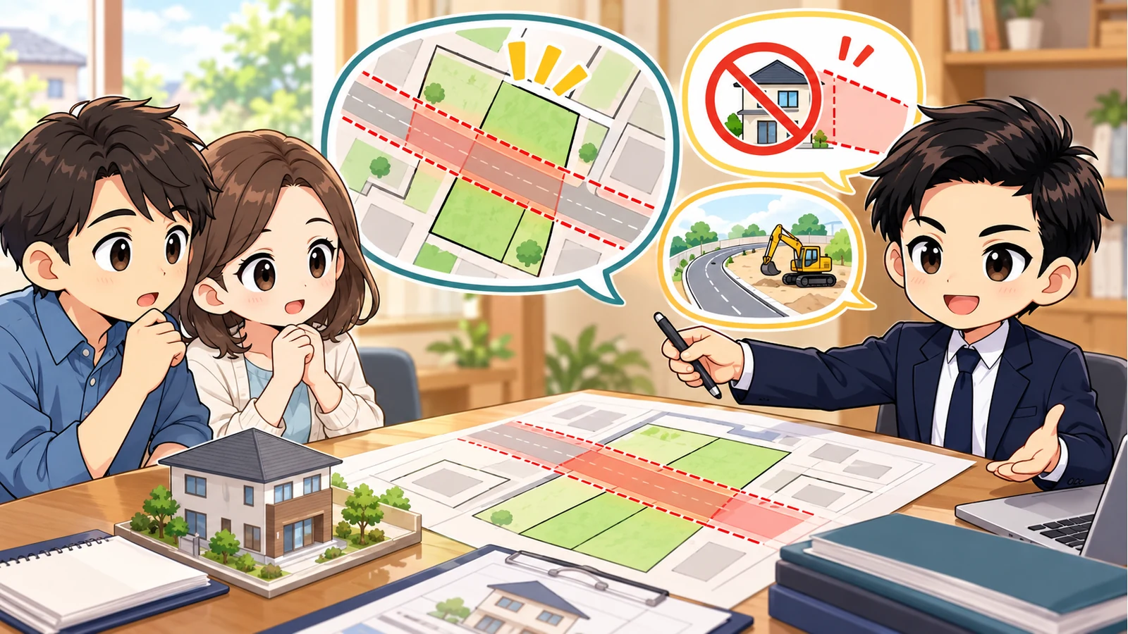 ざわ先生が都市計画道路予定線にかかる土地の区域・建築制限・事業段階を説明するイラスト