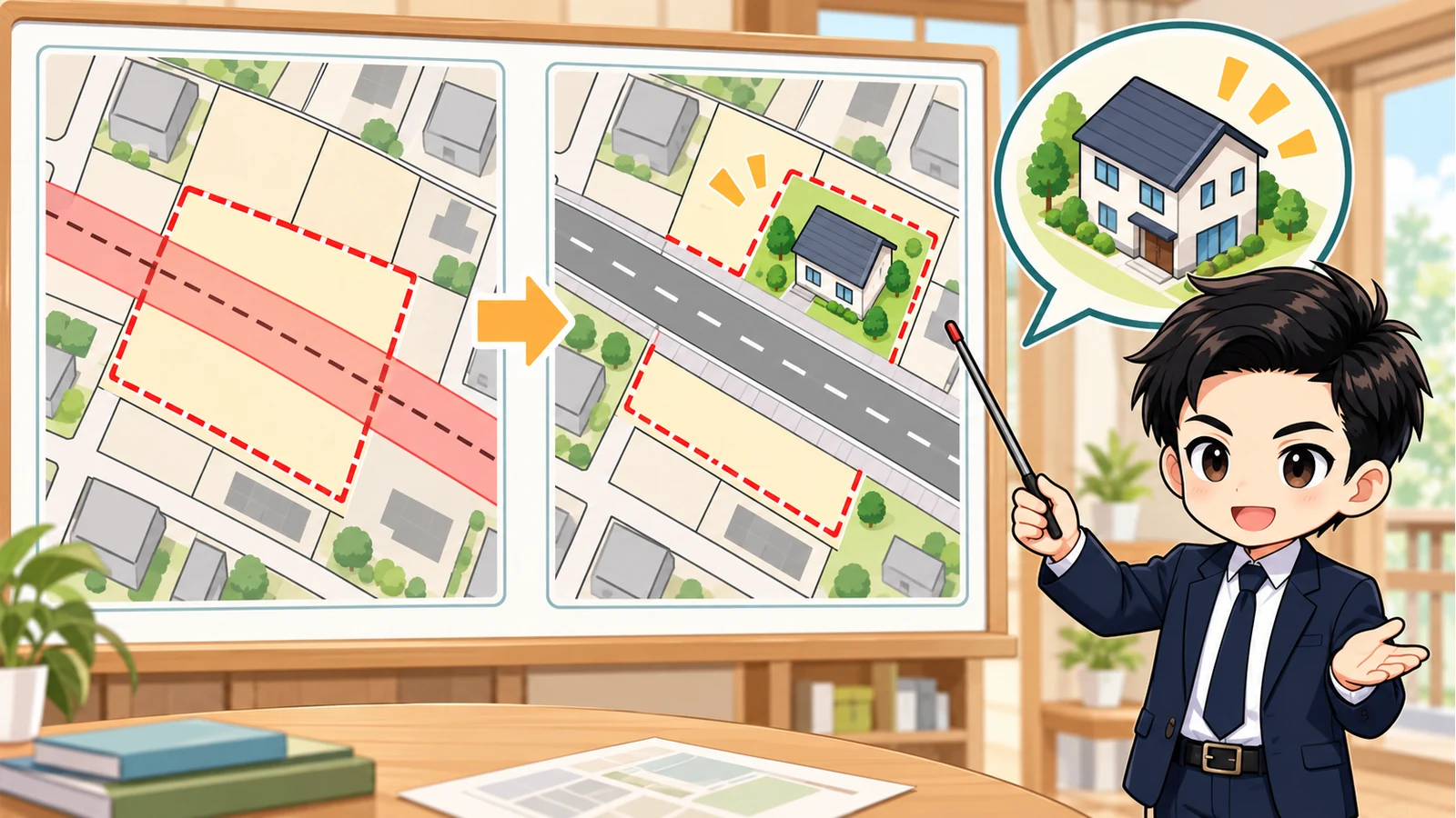 ざわ先生が土地図面上の都市計画道路予定線と計画決定・事業認可の違いを示す図解