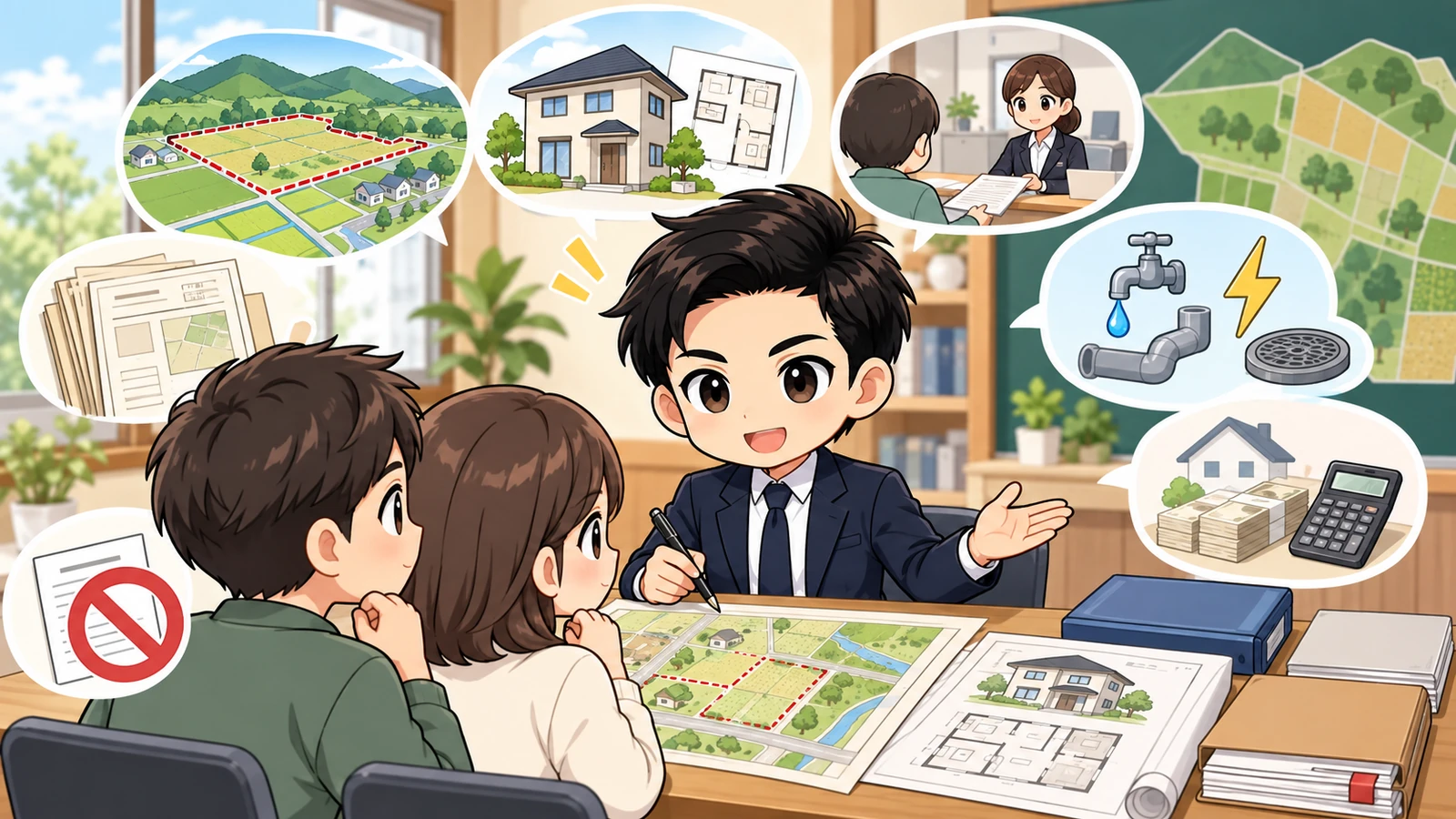 ざわ先生が市街化調整区域の土地購入前に建築許可・地目・契約条件を確認するイラスト