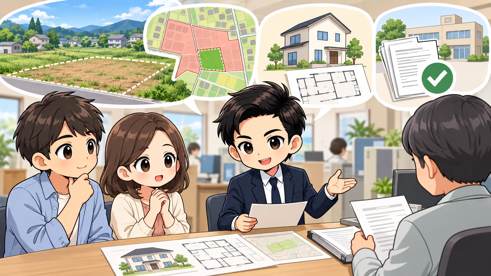 ざわ先生が市街化調整区域の土地資料と住宅計画を行政窓口で確認する図解