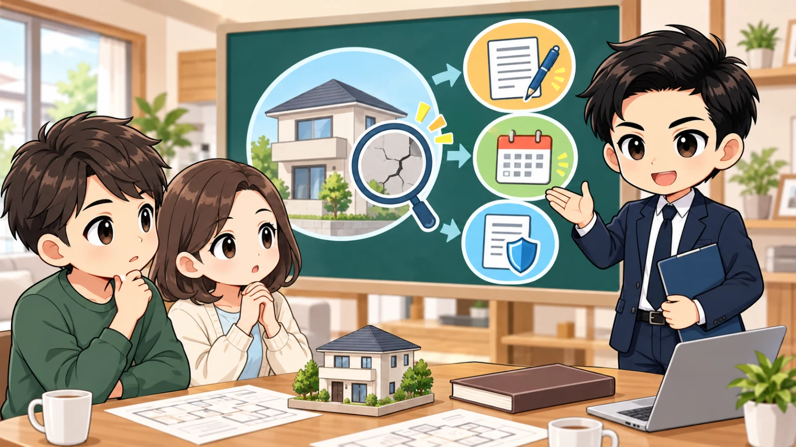 ざわ先生が中古住宅購入の契約不適合責任を契約書と建物で説明するイラスト