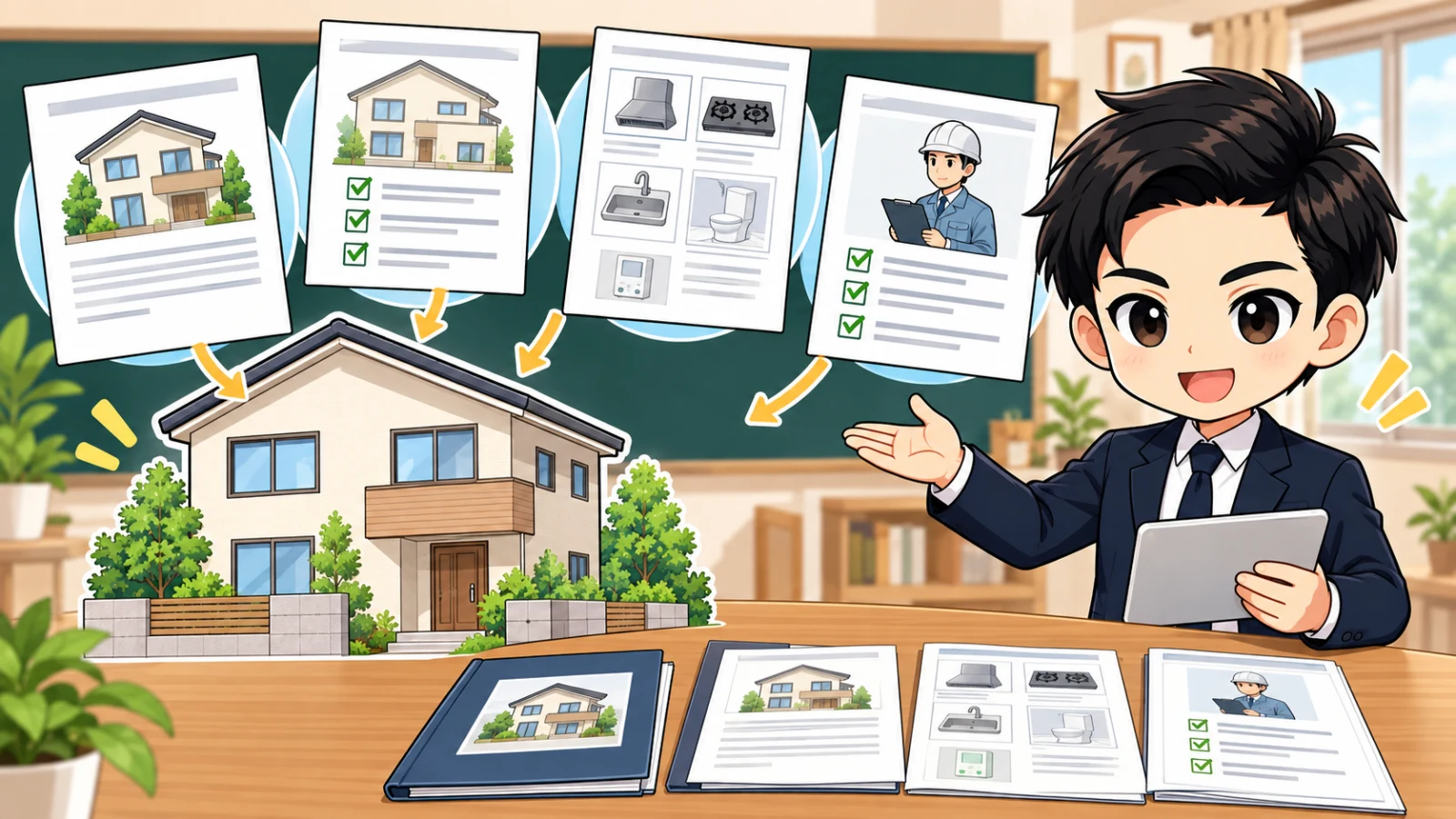 ざわ先生が中古住宅の契約書、物件状況報告書、付帯設備表と現況を照合する図解
