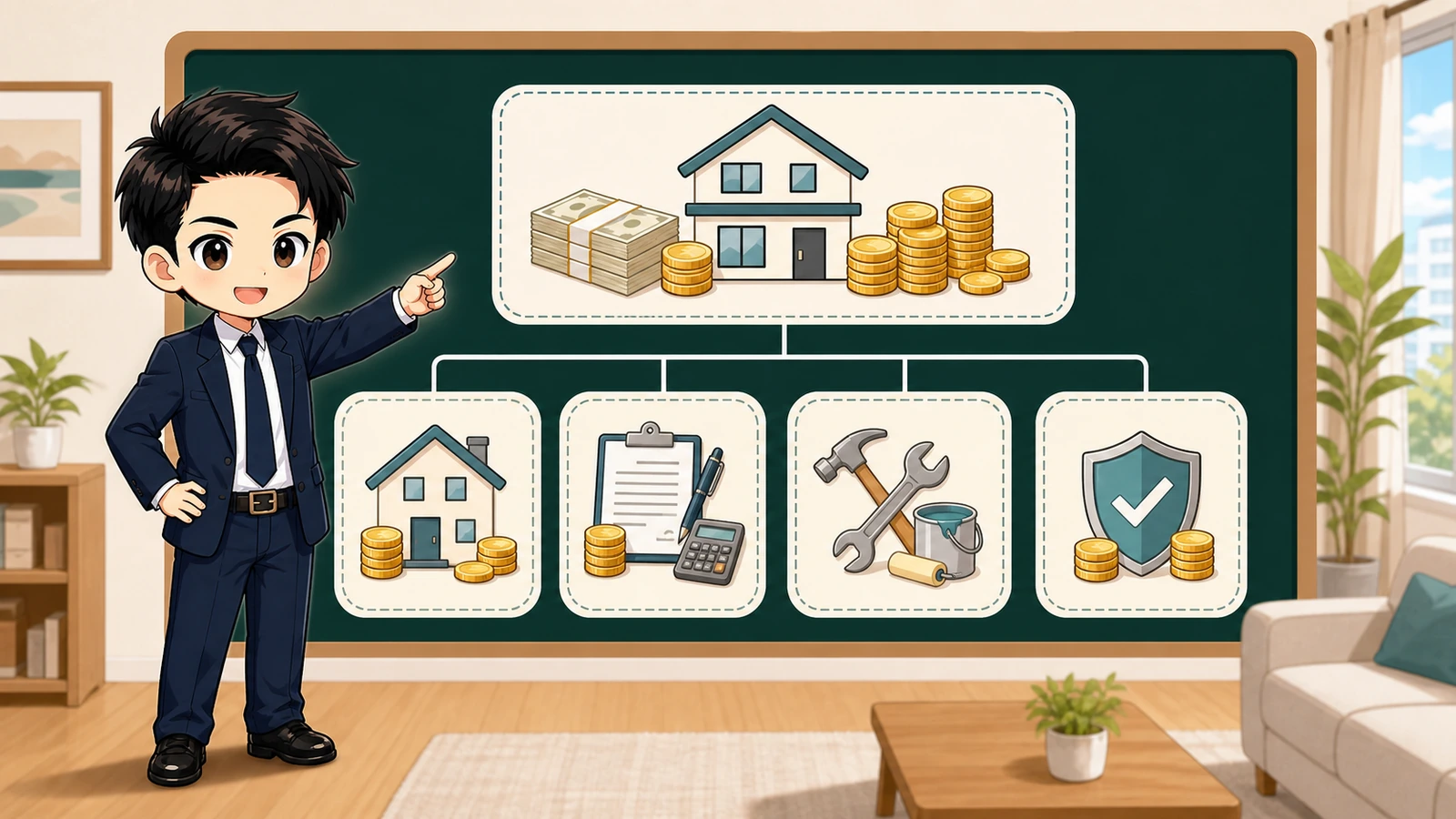 ざわ先生が中古住宅の総予算を物件・諸費用・工事・予備費に分けるイラスト