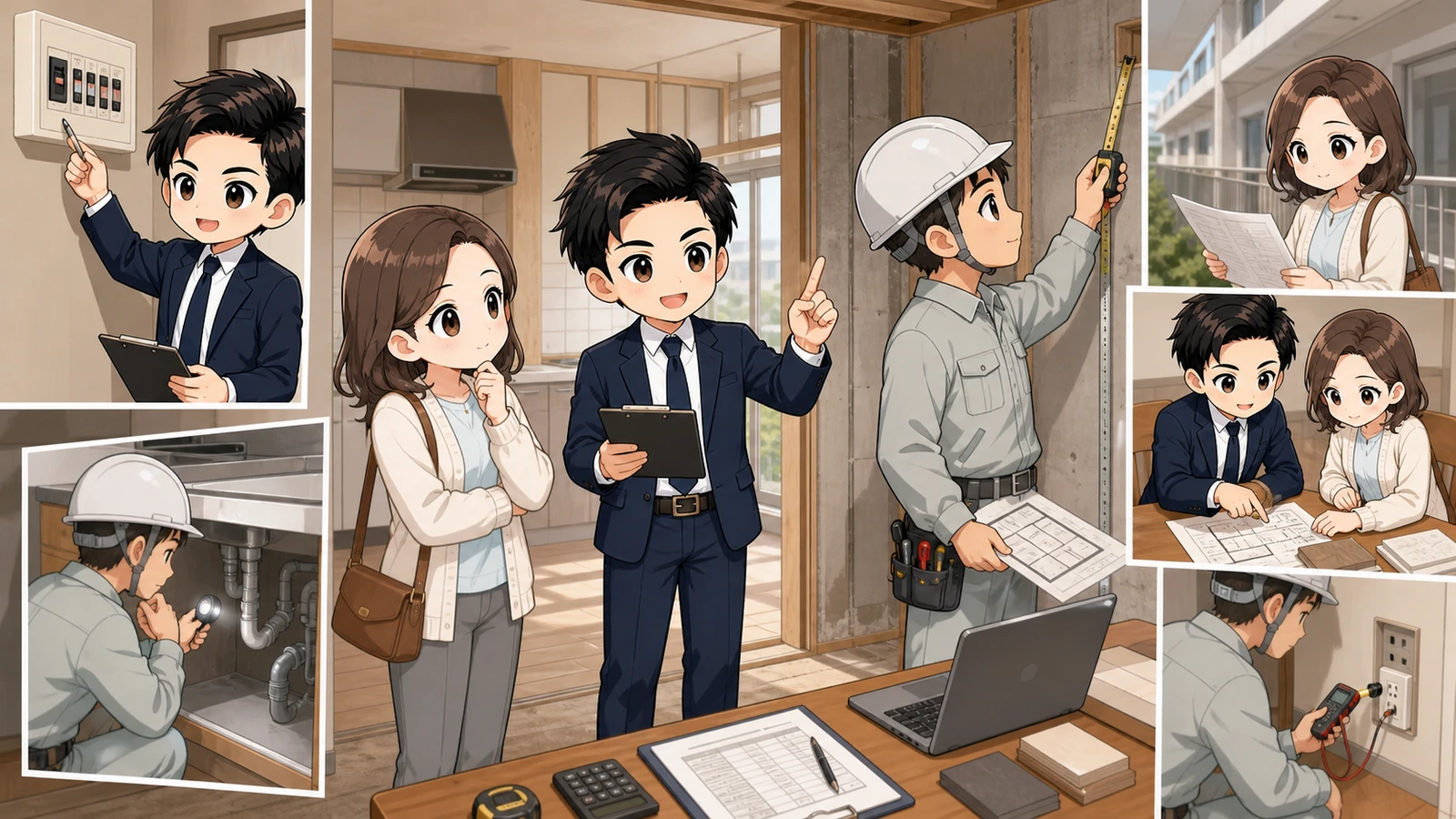 ざわ先生が中古住宅で専門家と現地調査・概算見積もりを進めるイラスト