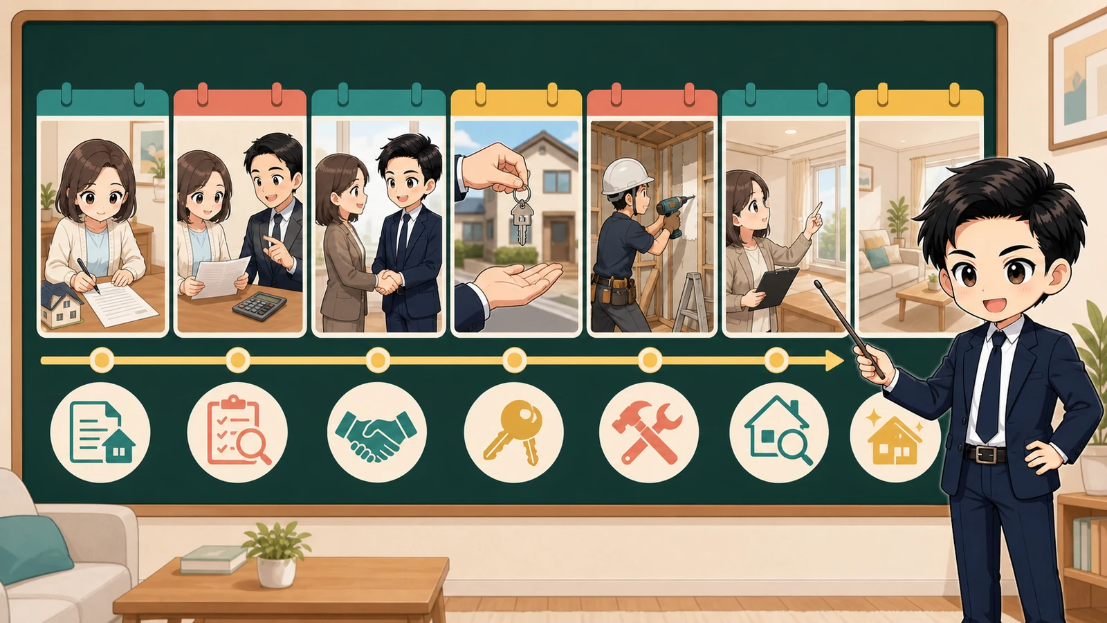 ざわ先生が売買契約・ローン・引渡し・リフォーム着工をつなぐイラスト