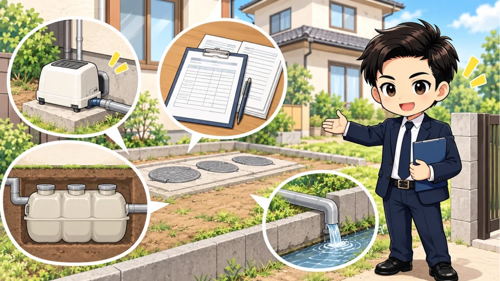 ざわ先生が浄化槽付き中古住宅の購入で種類・点検記録・放流先・契約条件を確認するイラスト